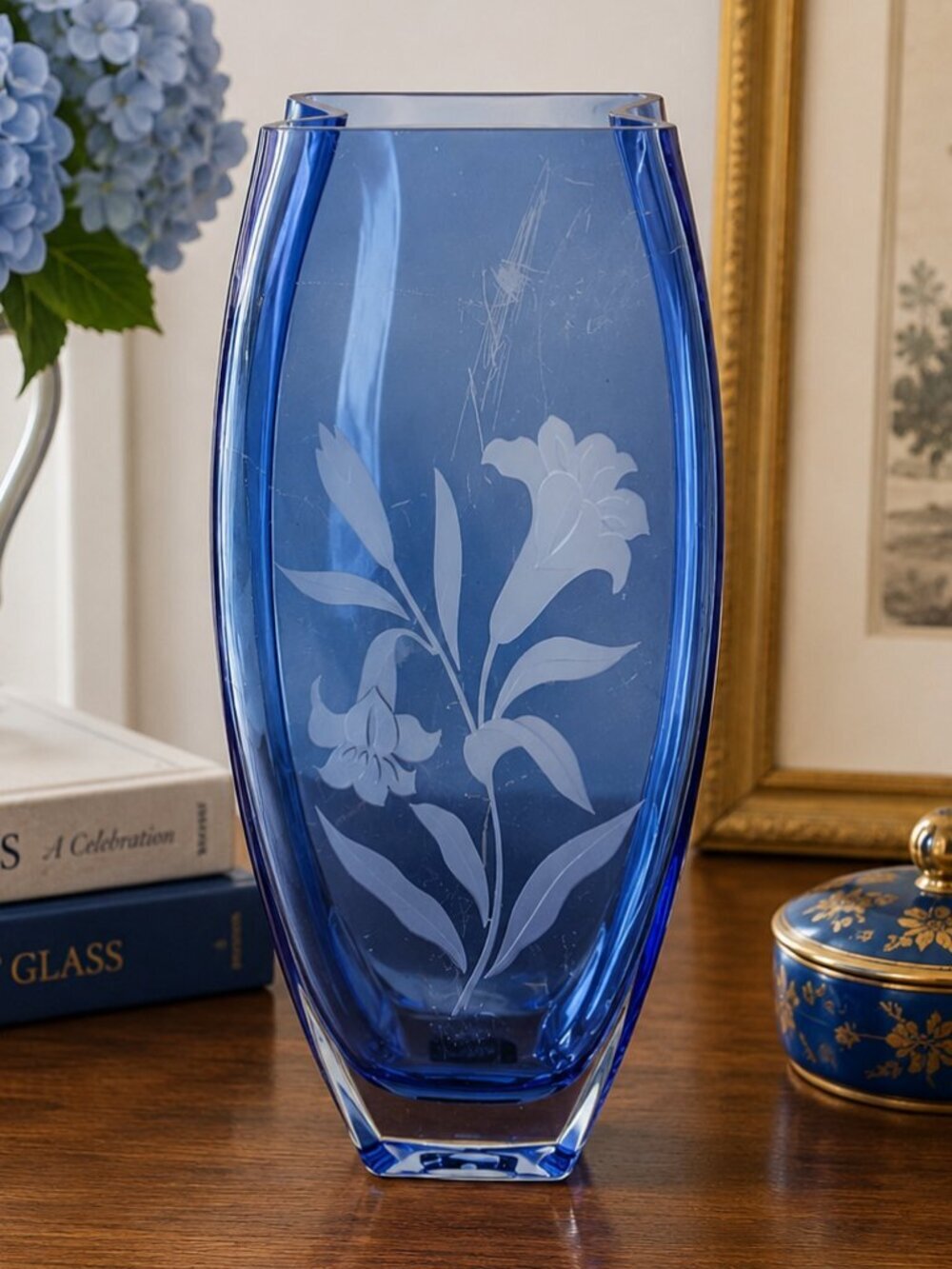 VTG Mikasa Sapphire Blue Art Glass Vase Etched Lily Floral Design Poland